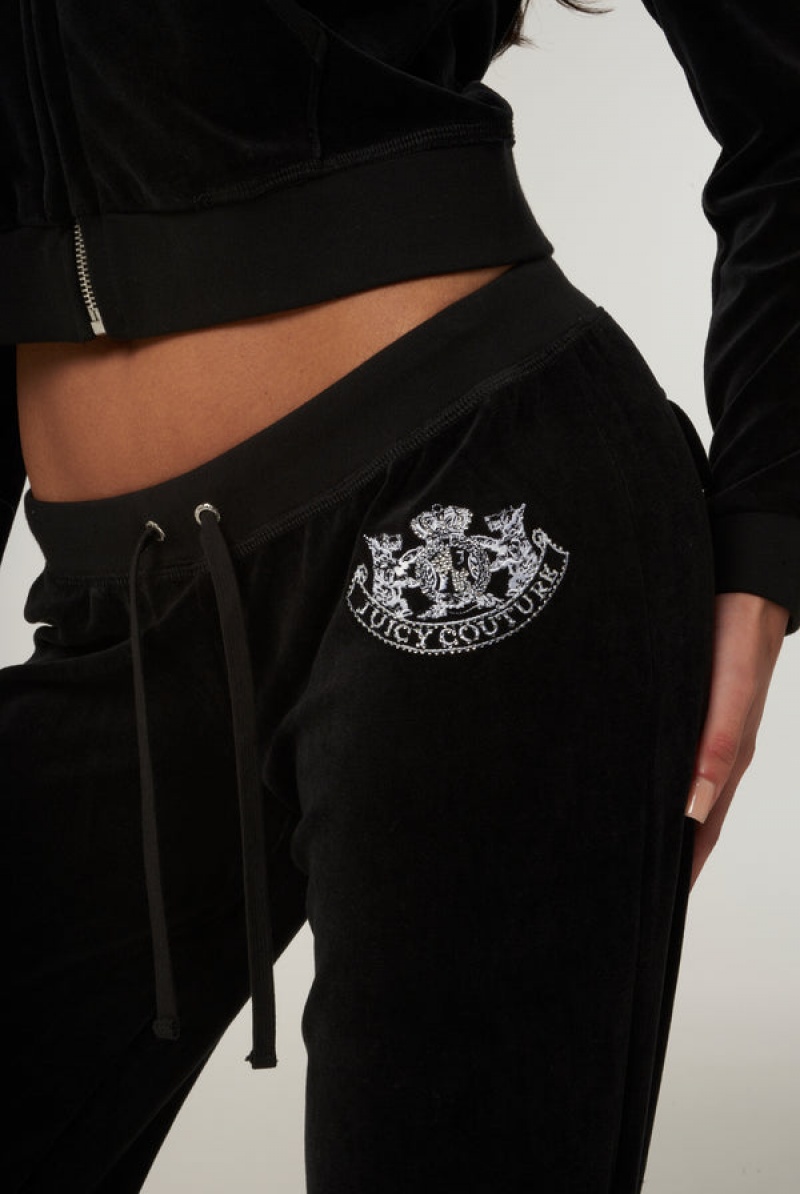 Juicy Couture Ultra Low Rise Bamboo Velour Heritage Dog Crest Pocketed Bottoms Crne | JC-SN652172