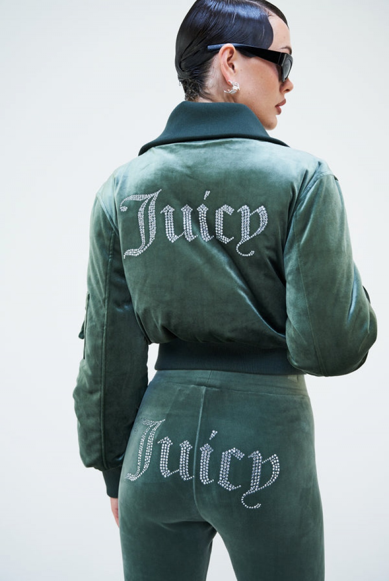 Juicy Couture Velour Bomber Jacket Zelene | JC-SN652301