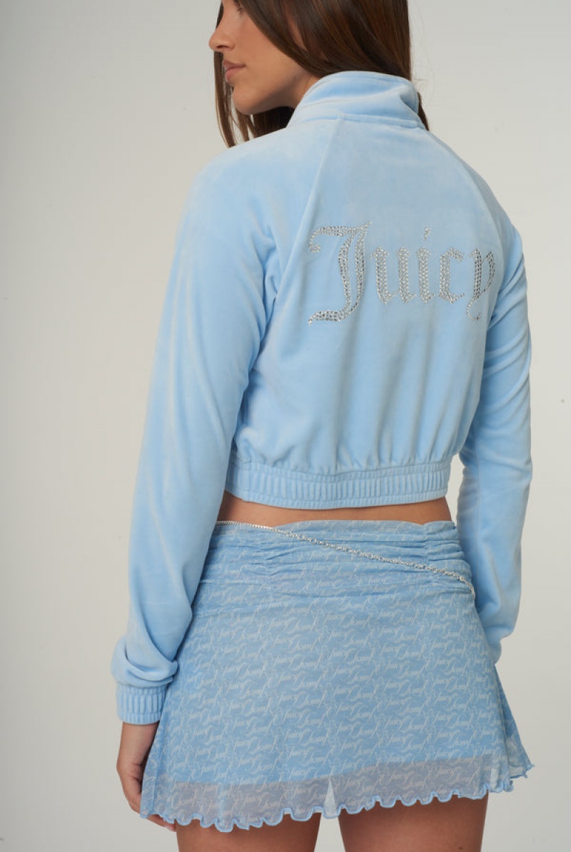 Juicy Couture Velour Diamante Cropped Tracktop Plave | JC-SN651975