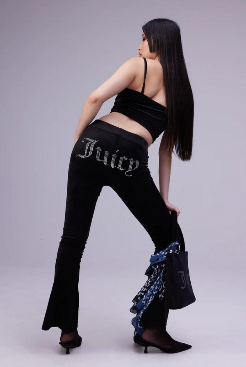 Juicy Couture Velour Diamante Fla Pants Crne | JC-SN652146