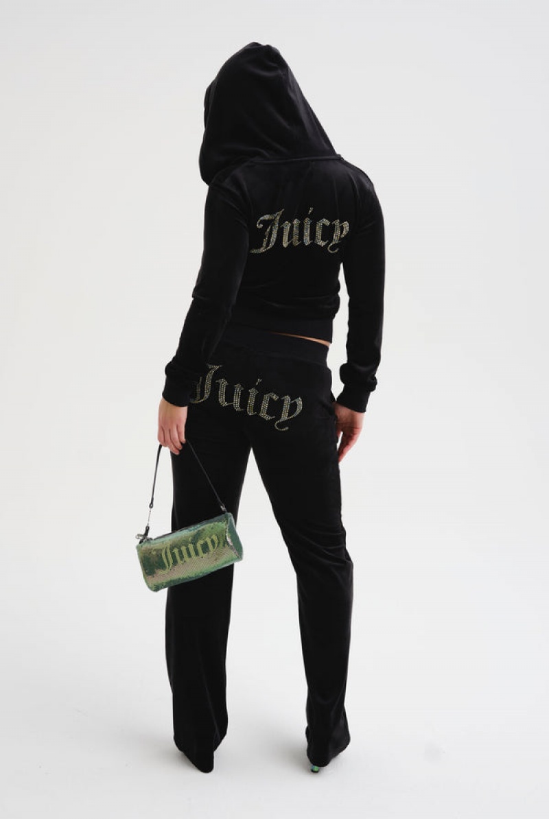 Juicy Couture Velour Mixed Iridescent Diamante Tracksuit Bottom Crne | JC-SN652086