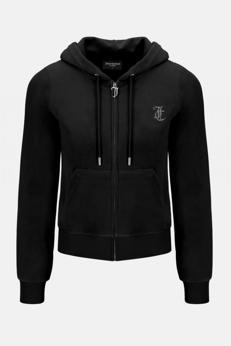 Juicy Couture Velour Mixed Iridescent Diamante Zip-through Hoodie Crne | JC-SN652087