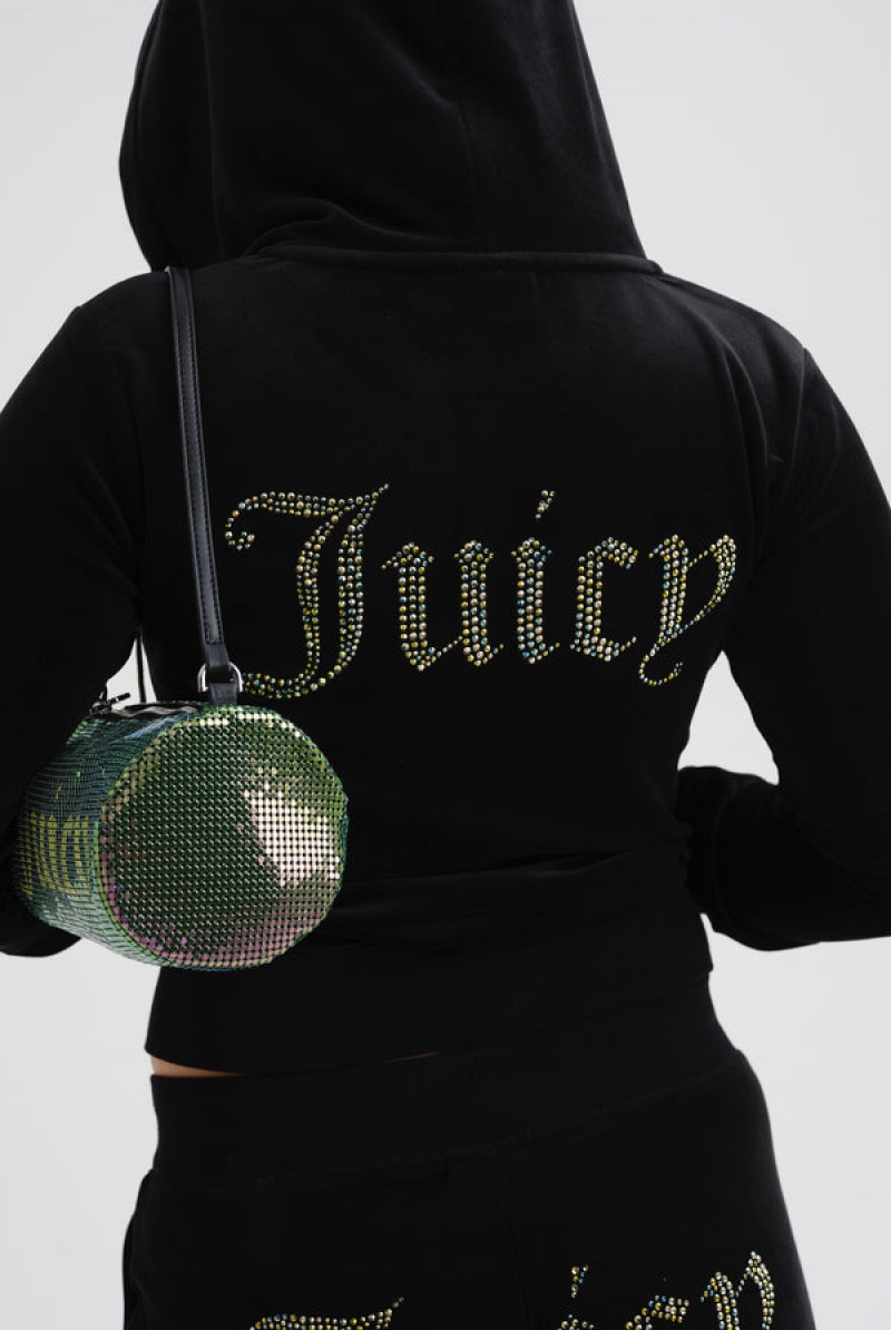 Juicy Couture Velour Mixed Iridescent Diamante Zip-through Hoodie Crne | JC-SN652087