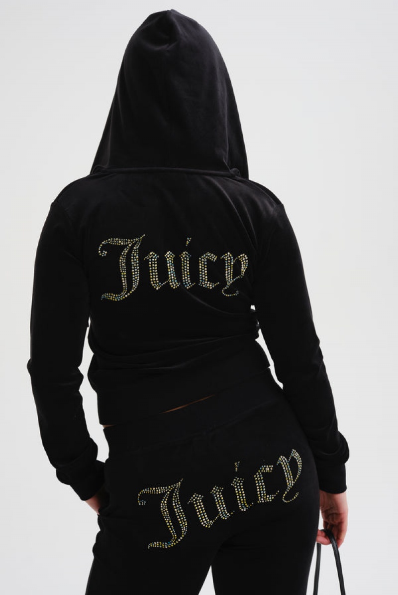 Juicy Couture Velour Mixed Iridescent Diamante Zip-through Hoodie Crne | JC-SN652087