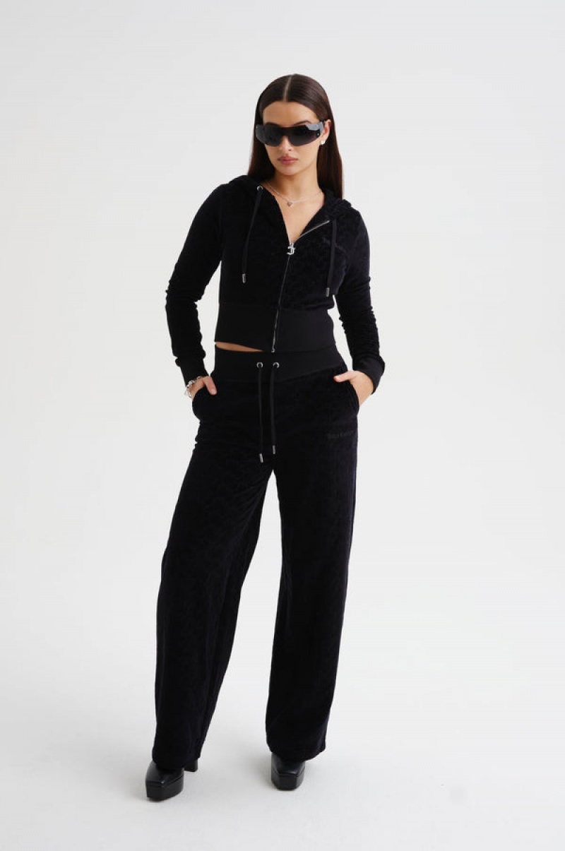 Juicy Couture Wide Leg Arched Monogram Luxe Velour Track Pant Crne | JC-SN652144