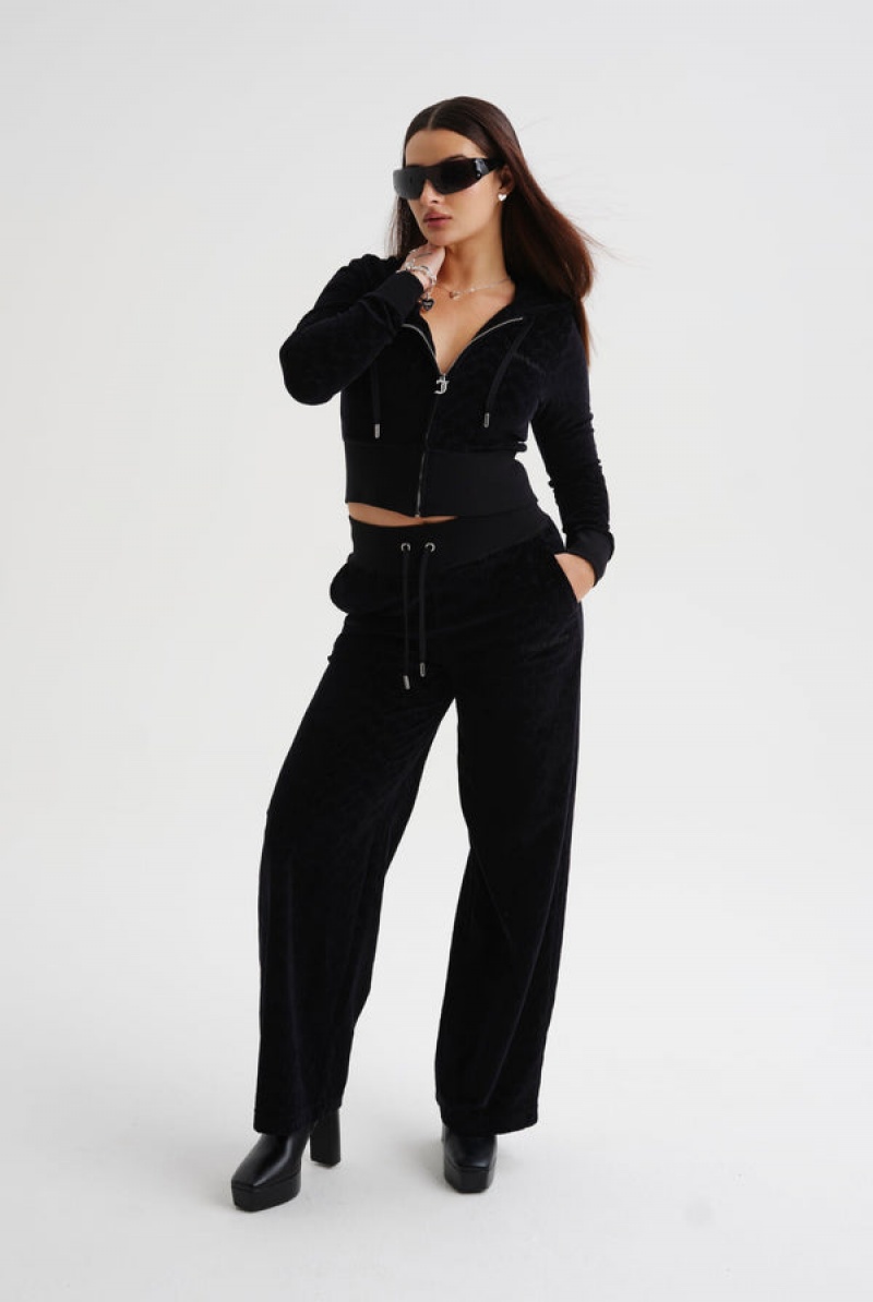 Juicy Couture Wide Leg Arched Monogram Luxe Velour Track Pant Crne | JC-SN652144